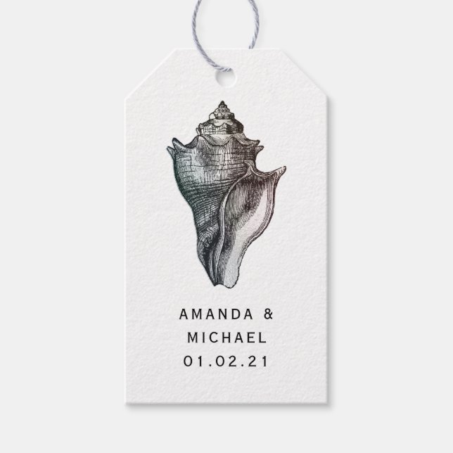 Vintage Beach Shell och Damask Nautical Presentetikett (Framsidan)