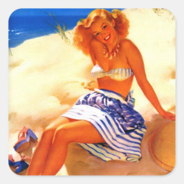 Vintage Beach Summer Pin Up Girl Fyrkantigt Klistermärke