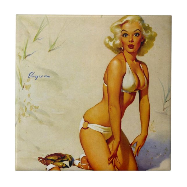 Vintage Beach Summer Pin Up Girl Kakelplatta (Framsidan)