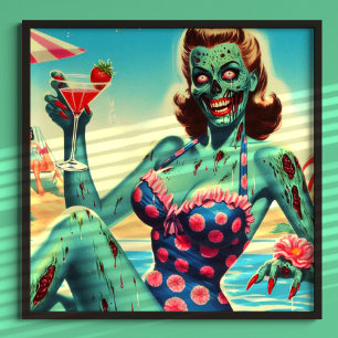 Vintage Beach Zombie Pin-up Poster