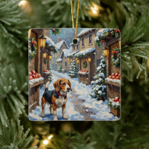 Vintage Beagle i snöig julmarknad Julgransprydnad Keramik