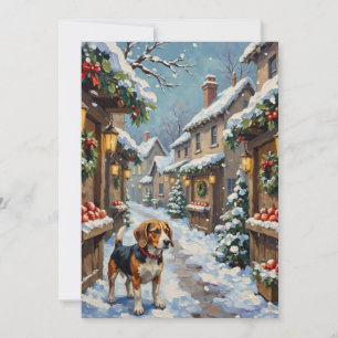 Vintage Beagle i snöig julmarknad Julkort