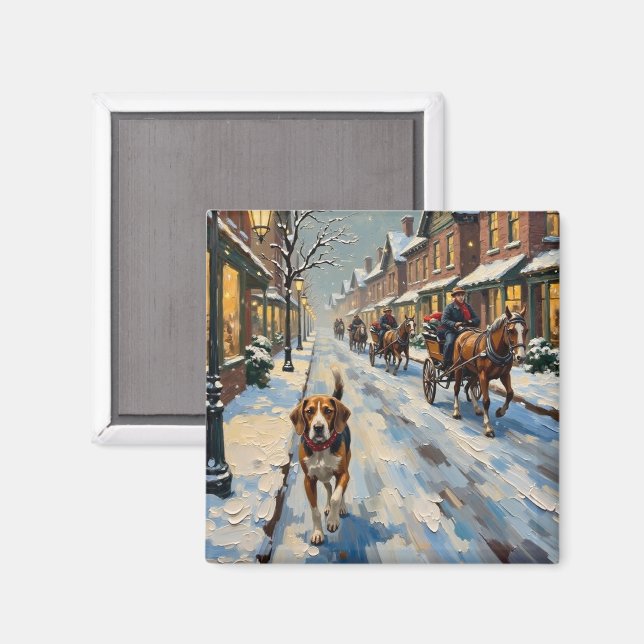 Vintage Beagle på snöig viktoriansk julgata Magnet (Front/Back)