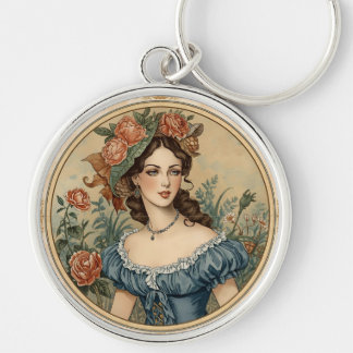 Vintage, Beautiful Women in The Flowers Garden Rund Silverfärgad Nyckelring