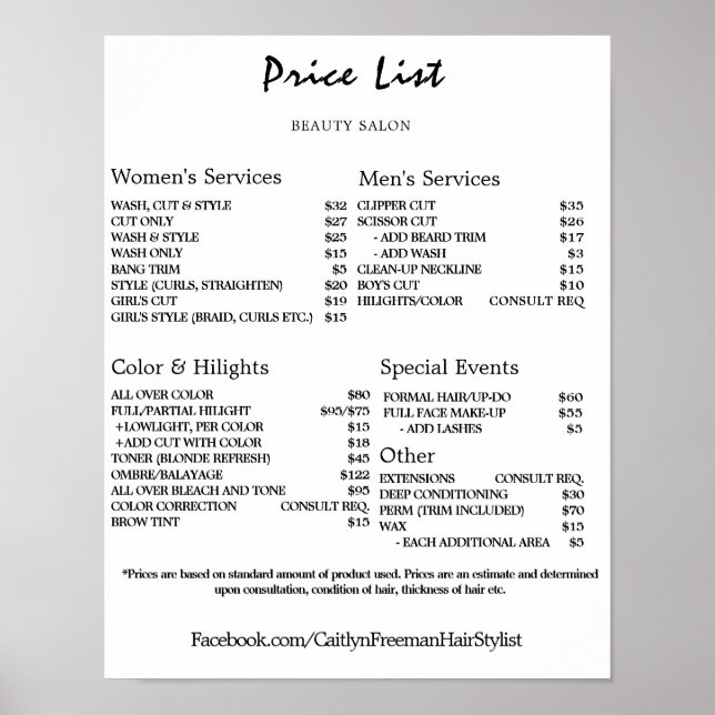 Vintage Beauty Salon Price List Poster (Framsidan)