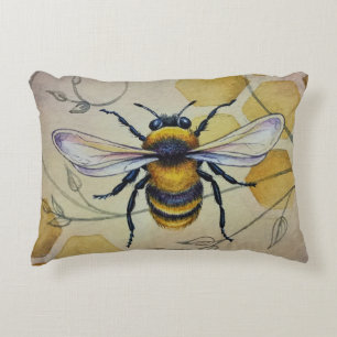 Vintage Bee 1 och Honeycomb Watercolor Art Art. Prydnadskudde