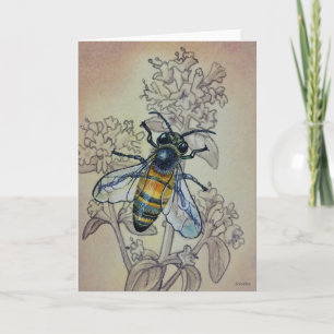 Vintage Bee 7 och Wildblommor Watercolor Art Kort