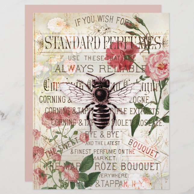 Vintage Bee Blommigt Collage Scrapbook Papper (Fram/baksida)