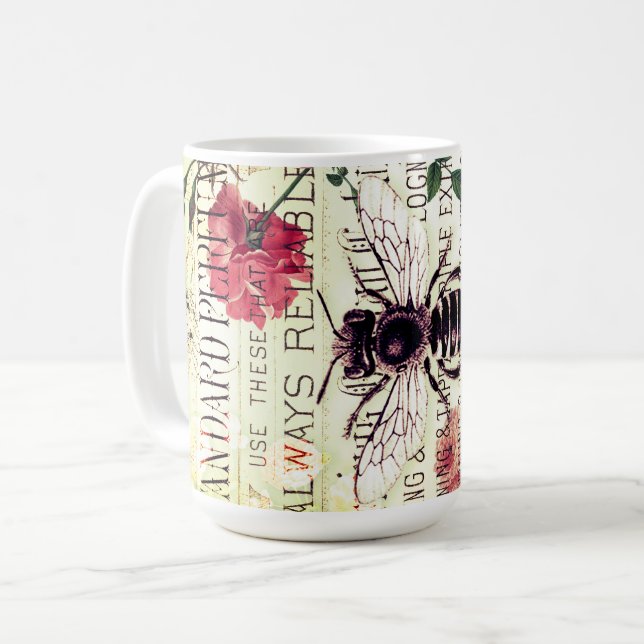 Vintage Bee Bukett med rosor Ephemera Kaffemugg (Framsida vänster)