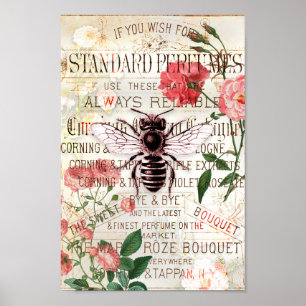 Vintage Bee Bukett med rosor Ephemera Poster