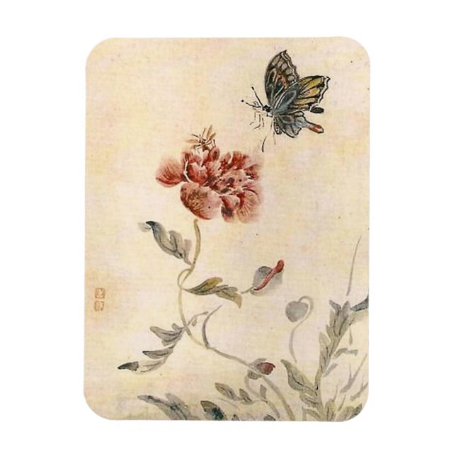 Vintage Bee, Butterfly and Poppy Watercolor Magnet (Vertikal)