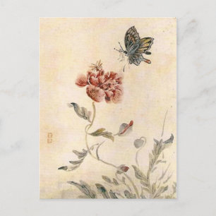 Vintage Bee, Butterfly and Poppy Watercolor Vykort