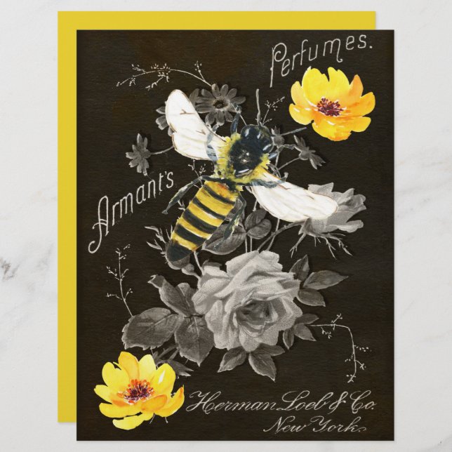 Vintage Bee Ephemera Gul ros Scrapbook Papper (Fram/baksida)
