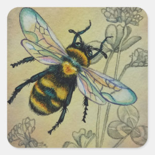 Vintage Bee nr 2 och Klöver Watercolor Art Fyrkantigt Klistermärke