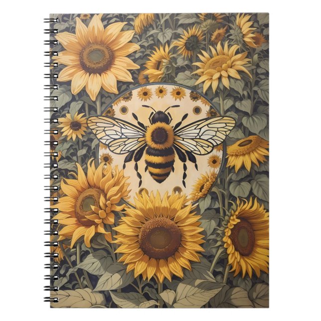 Vintage Bee och solblommor Anteckningsbok (Framsidan)