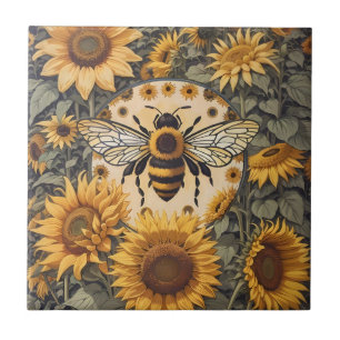 Vintage Bee och solblommor Kakelplatta