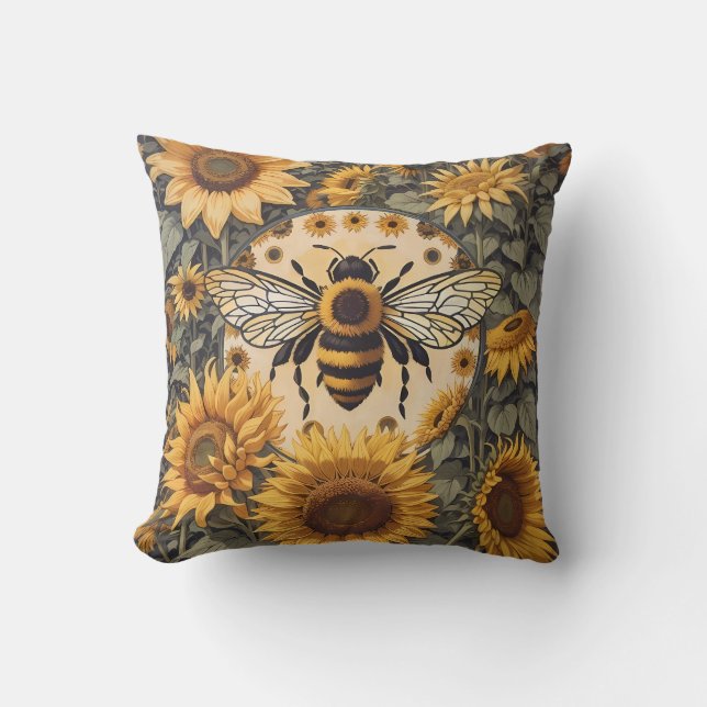 Vintage Bee och solblommor Kudde (Framsida)