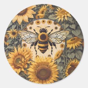 Vintage Bee och solblommor Runt Klistermärke