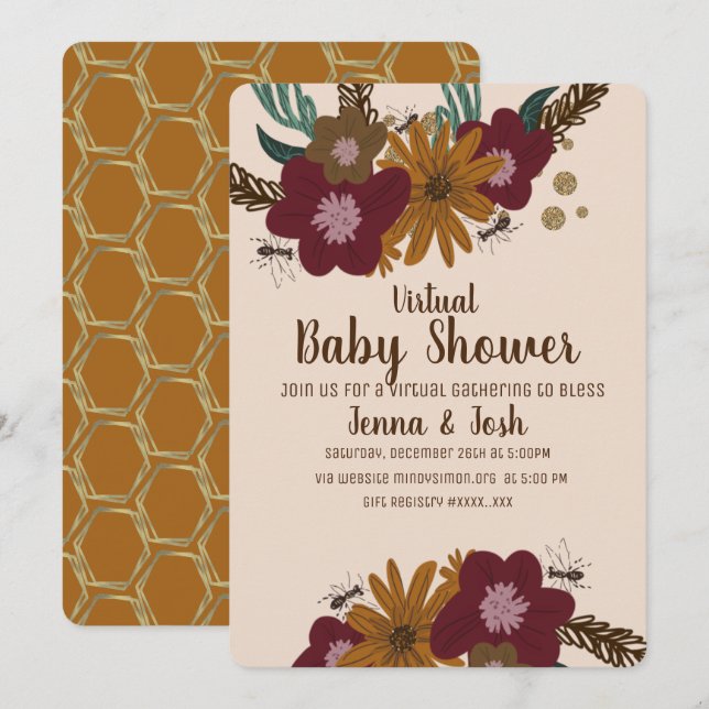 Vintage Bee Solros Blommig Virtuell Baby Shower Inbjudningar (Fram/baksida)