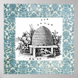 vintage Beehive och Blue Damask Poster