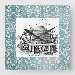 Vintage Beehive på Blue Damask Fyrkantig Klocka