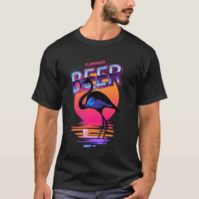 Vintage Beer Drinking Summer Rosa Flamingo T Shirt (Framsida)