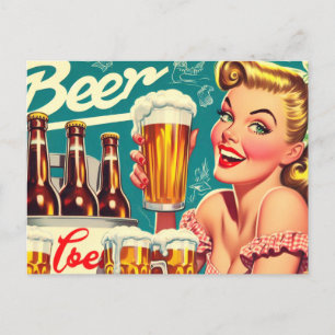 Vintage Beer Girl Illustration Vykort
