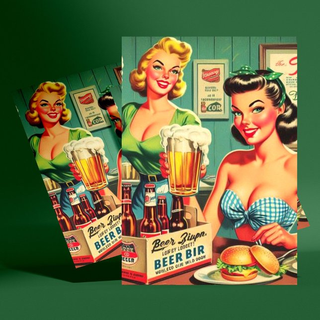 Vintage Beer Girls Illustration Vykort (Skapare uppladdad)