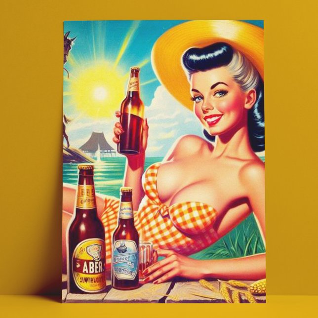 Vintage Beer Summer Girl Vykort (Skapare uppladdad)