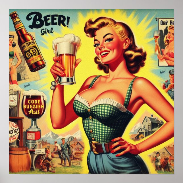 Vintage Beer Woman Illustration Poster (Framsidan)