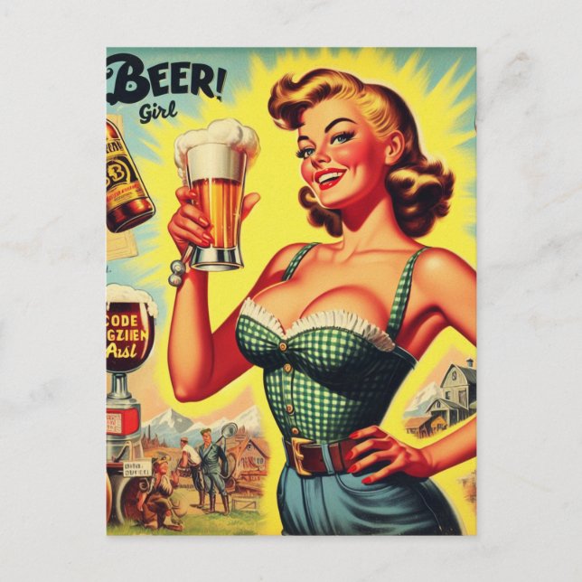 Vintage Beer Woman Illustration Vykort (Framsida)