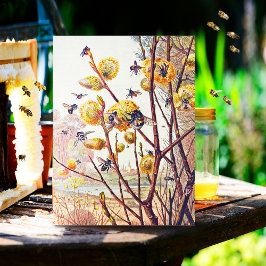 Vintage Bees Vår Willow Blommar Vykort