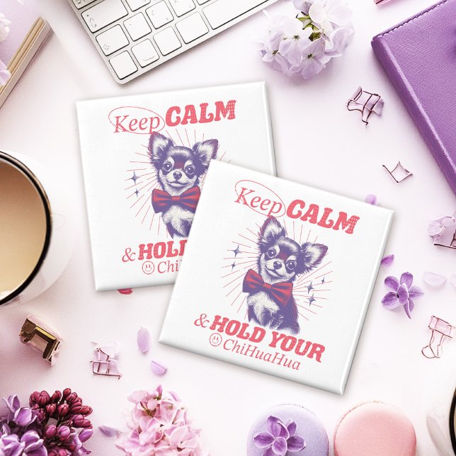 Vintage Behålla Lugn och håll Chihuahua-offerten Magnet (This funny design uses retro fonts and vintage-style graphics in bright pink typography.)