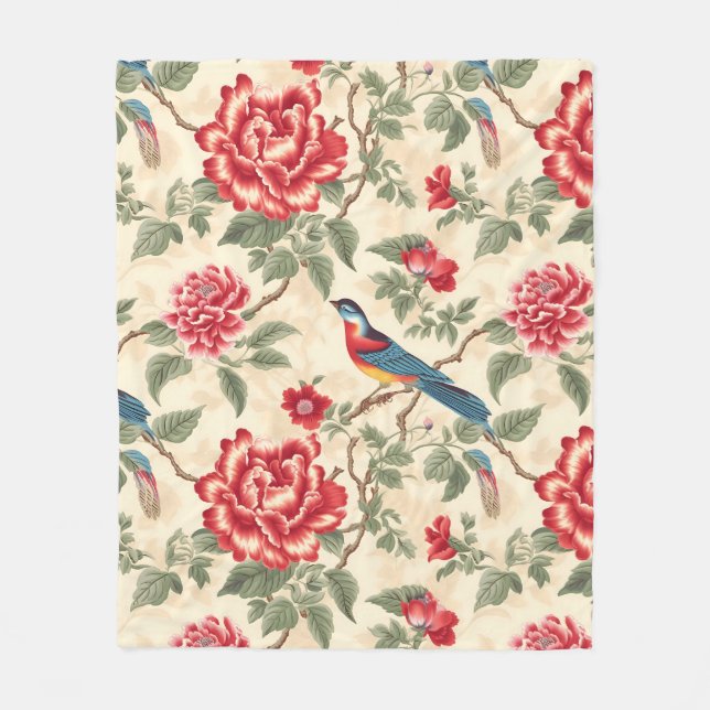 Vintage beige bird chinoiserie fleecefilt (Framsidan)