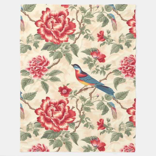 Vintage beige bird chinoiserie fleecefilt (Framsidan)