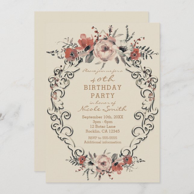 Vintage Beige Botanisk Blommig Födelsedagsfest Inbjudningar (Fram/baksida)