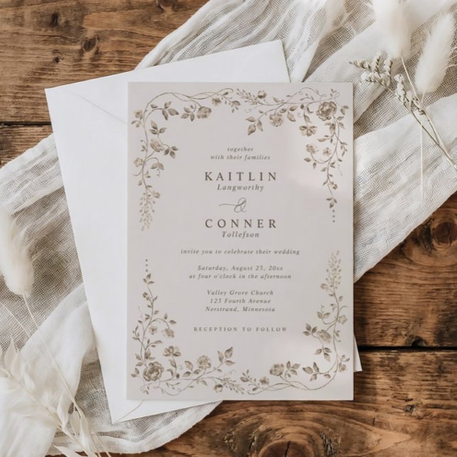 Vintage Beige Brun Fransk Blommig Bröllop Inbjudningar (Beige wedding invite with earthy copper-brown toile floral frame in vintage French style)