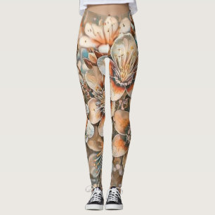 Vintage beige brun körsbär blommar teckning leggings
