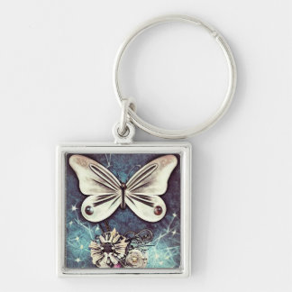 Vintage Beige Butterfly Fyrkantig Silverfärgad Nyckelring