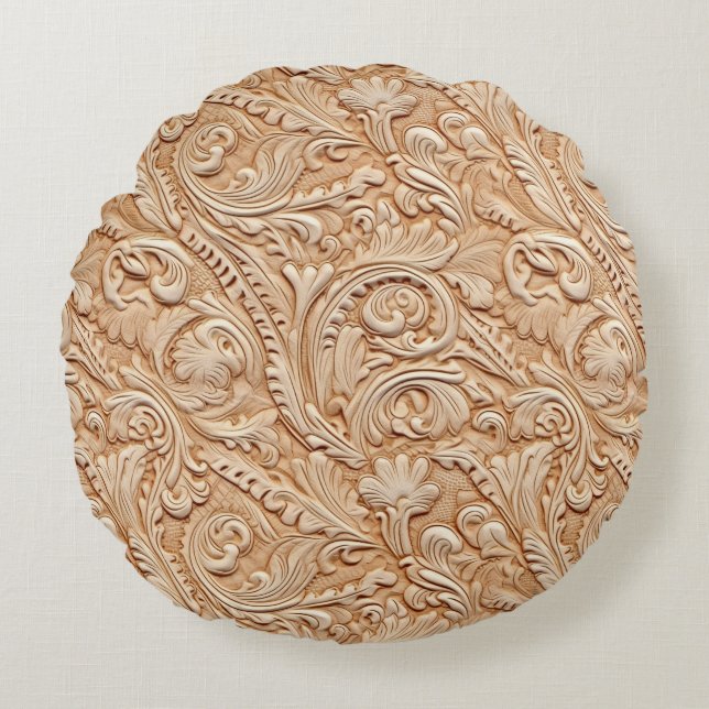 Vintage (beige carved faux) rund kudde (Framsidan)