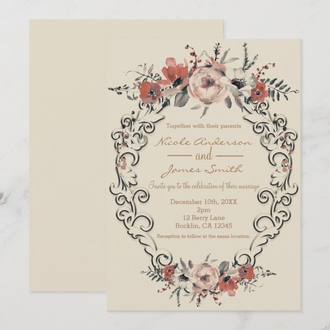 Vintage Beige Elegant Botanisk Blommig Bröllop Inbjudningar (Fram/baksida)