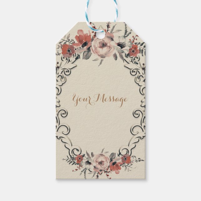 Vintage Beige Elegant Botaniska Blommigten Bröllop Presentetikett (Framsidan)