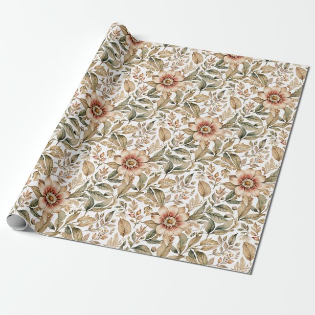 Vintage Beige & Grönt Botanical Presentpapper (Utrullad)