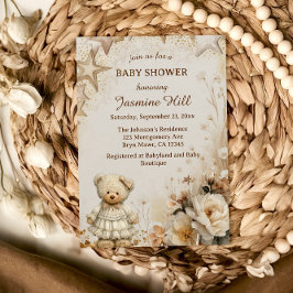 Vintage Beige Nalle Baby Shower Inbjudningar