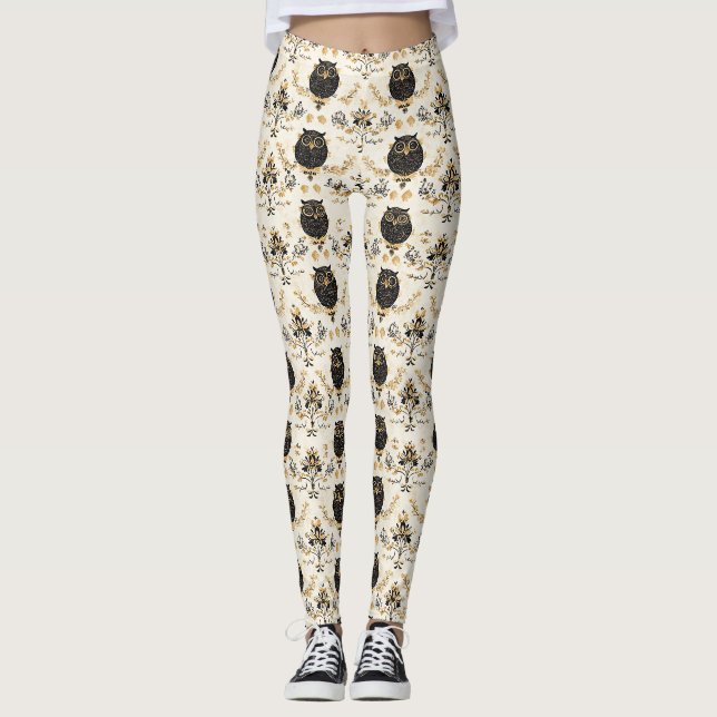 Vintage Beige Ugla Naturmönster Leggings (Framsida)