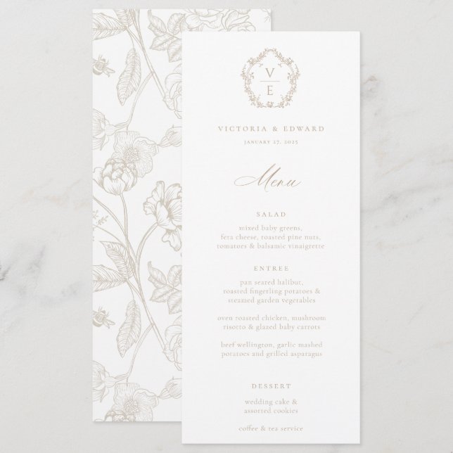 Vintage Beige Vapensköld Monogram Blommigt Bröllop Inbjudningar (Fram/baksida)