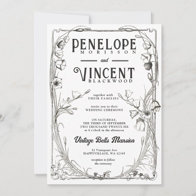 Vintage Bell Flowers on White Wedding Invitation  Inbjudningar (Framsida)