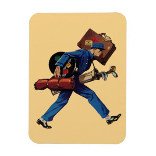 Vintage Bellhop i Uniform, Resväskor och Golfklubb Magnet