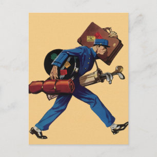 Vintage Bellhop i Uniform, Suitcase och Golf Klubb Vykort