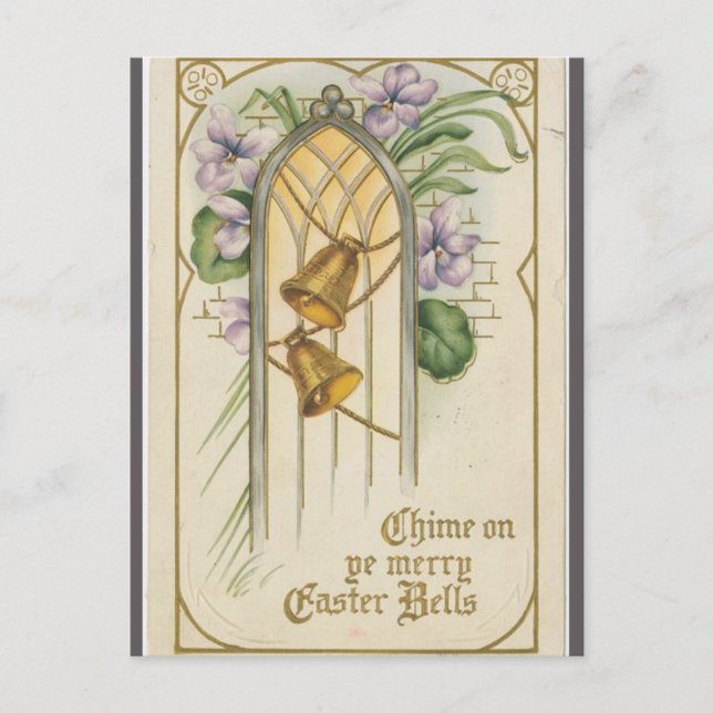 Vintage Bells and Purple Flowers Easter Vykort (Framsida)